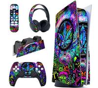 PlayVital Adesivo Skin per ps5 Console Disco Edizione&Controller&Telecomando&Cuffie&Base di Ricarica Sticker Decal Vinile Cover-Foglie Colorate