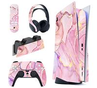 PlayVital Adesivo Skin per ps5 Console Disco Edizione&Controller&Telecomando&Cuffie&Base di Ricarica Sticker Decal Vinile Cover-Effetto Marmo Rosa Oro Cosmico