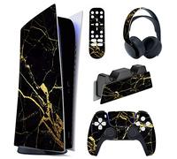 PlayVital Adesivo Skin per ps5 Digital Edition,Cover Sticker Decal Vinile per Console Controller Telecomando Cuffie Base di Ricarica,Effetto Marmo Oro Nero