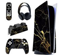 PlayVital Adesivo Skin per ps5 Disc Edition Console,Sticker Decal Cover Vinile per Controller Telecomando Cuffie Base di Ricarica,Effetto Marmo Oro Nero