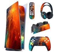 PlayVital Adesivo Skin per ps5 Standard Console Digital Edition&Controller&Telecomando&Cuffie&Base di Ricarica, Cover Sticker Decal Vinile(Non per ps5 Slim/Pro), Galassia Arancione