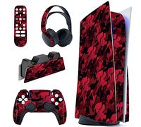 PlayVital Adesivo Skin Sticker Decal Vinile per ps5 Standard Disc Edition Console & Controller & Telecomando & Cuffie & Base di Ricarica - Nero Rosso Mimetico