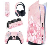 PlayVital Adesivo Skin Sticker Decal Vinile per ps5 Standard Disc Edition Console & Controller & Telecomando & Cuffie & Base di Ricarica - Petali Rosa
