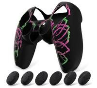 PlayVital Cover Controller per ps5,Custodia Protettiva Skin Silicone Antiscivolo per ps5 Joystick&6 Copri Levette Analogiche-Compatibile con Base di Ricarica-Teschio Intagliato Rosa Verde