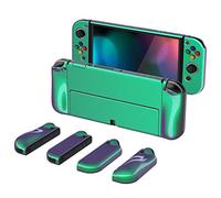 PlayVital Cover Custodia per Nintendo Switch OLED, Grip Ergonomico Intercambiabile per Joycon, Copertura Protettiva Rigida Accessori per Switch OLED&Copri Analogici/Tasti-Camaleonte Verde Viola