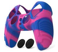 PlayVital Cover Skin Silicone Protettiva per ps5 Joystick,Custodia Antiscivolo Copertura Gomma per Controller con Copri Levette Analogiche(Guerriero Furioso Edizione)-Rosa Viola Blu