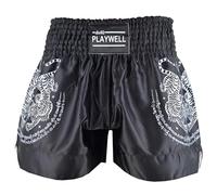 Playwell Muay Thai Twin Tiger Satin Sak Yant Competition - Pantaloncini da combattimento, colore: Nero/Bianco, Nero , M