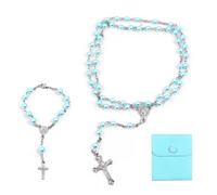 PLCatis Rosario cattolico, collana con rosario vintage con perle crocifisse blu, collana con rosario cristiano, perla blury, con sacchetto di velluto, battesimo, comunione, rosario, matrimonio, festa