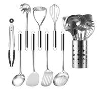 Pleafind Set di 9 utensili da cucina, in acciaio inox, con mestolo, cucchiaio per zuppa, paletta, spatola per wok, pasta server, schiacciapatate, frusta