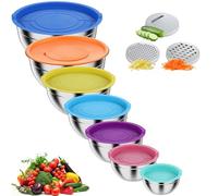 Pleafind Set di ciotole per mescolare 7 pezzi Ciotole annidabili in acciaio inossidabile con coperchi - con 3 accessori per grattugiare, capacità 4,5 QT, 4 QT, 3,5 QT, 2,1 QT, 1,5 QT, 1,1 QT, 0,7 QT