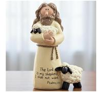 PlentifulHome Statuetta di Gesù che tiene l'agnello, piccola statua di pastore in resina con pecore, decorazione per la casa cristiana con salmo 23:1 versetto della Bibbia, ornamento religioso regalo