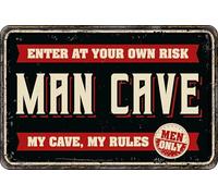 Plenty Gifts Cartello Alluminio - Man Cave - targa decorativa per sala hobby e relax - formato A4-21x29,7cm