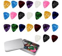 Plettri Chitarra, 24 Pezzi Plettri da Celluloide Colorata Premium, per Chitarra Elettrica, Ukulele, Basso, 4 Diversi Spessori 0,5mm/0,75mm/1,0mm/1,2 mm