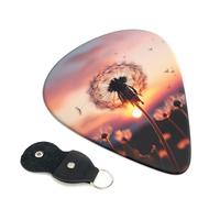 Plettri per chitarra a forma di dente di leone al tramonto, spessore 0,71 mm, in celluloide con supporto in pelle, plettro personalizzato per basso, chitarra elettrica, acustica, regalo per gli amanti