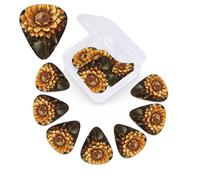 Plettri per chitarra con girasole su sfondo nero, confezione da 12, 3 plettri per chitarra in celluloide di diverso spessore, con scatola portaoggetti, plettro personalizzato per chitarra acustica