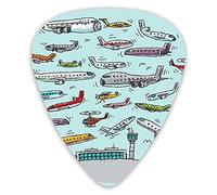 Plettri per chitarra Confezione da 12 con scatola sottile, Aerei che volano in aria Aviazione Amore Aeroporti Elicotteri e jet Cartoni animati, Set regalo di plettri per chitarra speciali per chitarri