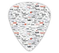 Plettri per chitarra Confezione da 12 con scatola sottile, diverse citazioni stilizzate di "Ti amo" su sfondo grigio con cuori, set regalo speciale di plettri per chitarra per chitarrista