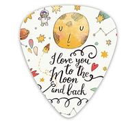 Plettri per chitarra Confezione da 12 con scatola sottile, elementi celesti in stile cartone animato romantico con slogan "Ti amo fino alla luna e ritorno", set regalo speciale di plettri per chitarra