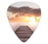 Plettri per chitarra Confezione da 12 con scatola sottile, Foto del tramonto Vecchio molo in legno sul ponte sul mare Orizzonte Nuvole Oceano Arte, Set regalo speciale di plettri per chitarra per chit