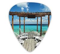 Plettri per chitarra Confezione da 12 con scatola sottile, Lettini da spiaggia Scenario marino e oceanico con stampa di immagini in legno Sembra un molo, Set regalo speciale di plettri per chitarra pe