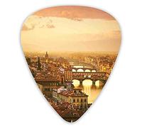 Plettri per chitarra Confezione da 12 con scatola sottile, Ponte Ponte Vecchio Italia Occhio di uccello Vista del tramonto Case del castello Paesaggio urbano storico, Set regalo di plettri per chitarr