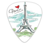 Plettri per chitarra Confezione da 12 con scatola sottile, Schizzo turistico colorato della Torre Eiffel a Parigi Illustrazione di viaggio in stile francese, Set regalo speciale di plettri per chitarr