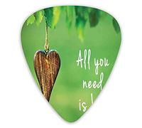 Plettri per chitarra Confezione da 12 con scatola sottile, tutto ciò di cui hai bisogno è una citazione d'amore a forma di cuore appesa a un albero sfocato, set regalo speciale di plettri per chitarra
