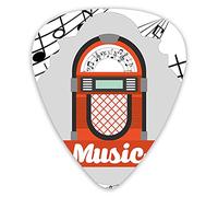 Plettri per chitarra Confezione da 12 con scatola sottile, vecchia scatola radiofonica musicale vintage, immagine cartone animato con note, immagine grafica a tema, set regalo speciale di plettri per