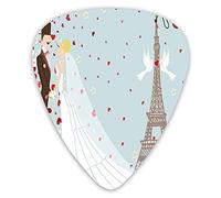 Plettri per chitarra Confezione da 12 pezzi con scatola sottile, Coppia francese Disegnata a mano Torre Eiffel di Parigi che si sposano Cuori, Set regalo di plettri per chitarra speciali per chitarris