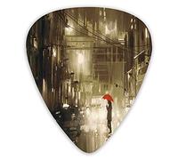 Plettri per chitarra Confezione da 12 pezzi con scatola sottile, Donna con ombrello rosso in strada in una notte piovosa in città Ombra Scenario urbano, Set regalo speciale di plettri per chitarra per