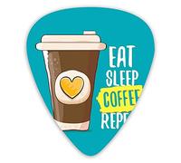Plettri per chitarra Confezione da 12 pezzi con scatola sottile, Eat Sleep Coffee Ripeti una frase accattivante con una tazza di caffè disegnata a mano To Go Figure With Heart, set regalo speciale di