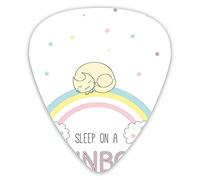 Plettri per chitarra Confezione da 12 pezzi con scatola sottile, frase "Dormi su una arcobaleno" con gatto raggomitolato che dorme su strisce arcobaleno di colore tenue, set regalo speciale di plettri