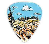 Plettri per chitarra Confezione da 12 pezzi con scatola sottile, illustrazione di un mulino a vento e balle di fieno, stagione del raccolto, set regalo speciale di plettri per chitarra per chitarrista
