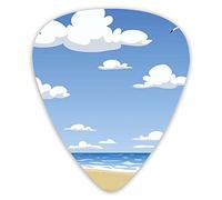 Plettri per chitarra Confezione da 12 pezzi con scatola sottile, motivo spiaggia stile cartone animato con nuvole, oceano e gabbiano nel cielo, set regalo speciale di plettri per chitarra per chitarri