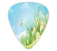 Plettri per chitarra Confezione da 12 pezzi con scatola sottile, Prato primaverile con colline ein fiore Farfalle e camomille Cartoon, Set regalo speciale di plettri per chitarra per chitarris