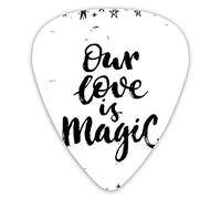 Plettri per chitarra Confezione da 12 pezzi con scatola sottile, stampa con cornice di citazione Our Love Is Magic circondata da figure a forma di stella Grafica romantica, set regalo speciale di plet