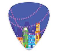 Plettri per chitarra Confezione da 12 pezzi con scatola sottile, tradizionali strade scandinave vicino al canale d'acqua con cuori ornamentali, set regalo speciale di plettri per chitarra per chitarri