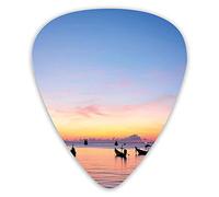 Plettri per chitarra Confezione da 12 pezzi con scatola sottile, tramonto sul mare con silhouette di navi a Suratthani Asian Bay Relax Art, set regalo speciale di plettri per chitarra per chitarrista
