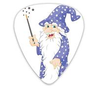 Plettri per chitarra Confezione da 12 pezzi con scatola sottile, Vecchio ridente con bacchetta magica e stelle Personaggio da racconto per bambini, Set regalo di plettri per chitarra speciali per chit