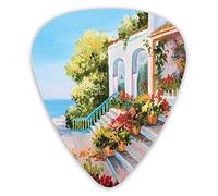 Plettri per chitarra Confezione da 12 pezzi con scatola sottile, vista sul mare dalla terrazza di una casa retrò Fiori d'arte Vecchie scale, set regalo speciale di plettri per chitarra per chitarrista