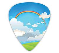 Plettri per chitarra Confezione da 12 Plettri per chitarra universali in ABS, Illustrazione di arcobaleno e albero solitario sulle colline Composizione di cartoni animati Modello estivo per chitarra a