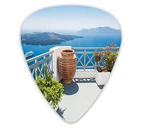 Plettri per chitarra Confezione da 12 Plettri per chitarra universali in ABS, Isola di Santorini Grecia Mar Egeo Alberi Fiori Cielo limpido Stampa fotografica per chitarra acustica ed elettrica