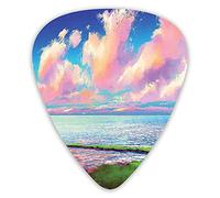 Plettri per chitarra Confezione da 12 Plettri per chitarra universali in ABS, Mare dopo il percorso di roccia muschiosa sotto il cielo colorato con nuvole al tramonto per chitarra acustica ed elettric