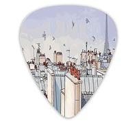 Plettri per chitarra Confezione da 12 Plettri per chitarra universali in ABS, Tetti di Parigi Torre Eiffel Uccelli Cielo Nuvole Illustrazione panoramica panoramica per chitarra acustica ed elettrica