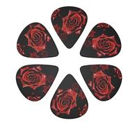 Plettri per chitarra, confezione da 6 pezzi, con stampa su sfondo nero e rosa rossa, per chitarre acustiche, violino, ukulele, basso