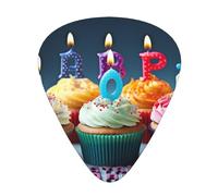 Plettri per chitarra stampati con cupcake di buon compleanno colorati, 12 pezzi, in una scatola, che rendono il suono chiaro per ukulele, chitarra acustica elettrica e basso (0,46 0,71 0,96 mm)