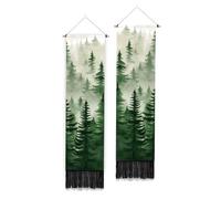 PLIGREAT 2 paquet de arazzo Murale Forêt Brumeuse Arazzo Murale Verticale Esthétique Représentant un Arbre Vert avec des Pompons Paysage de Montagne pour Chambre à Coucher Salon Décoration