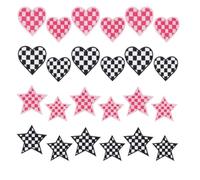 PLIGREAT 24 Pz Cuore E Stella Ferro Su Toppe, Rosa Nero Bianco Scacchi Racing Day Ricamato Cucire Su Toppe Appliques decorative per gli uomini Donna vestiti giacca jeans camicia cappelli Decor