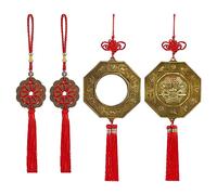 PLIGREAT 4 Uds Bagua Espejo Feng Shui Adornos con Borla Chino Feng Shui Monedas Antiguas Nudo Rojo Colgante Riqueza Amuleto de la Suerte Regalos