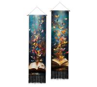 PLIGREAT Confezione da 2 arazzi colorati da parete a forma di libro con farfalle, creativo, lungo, verticale, da appendere alla parete, con nappe, per camera da letto, soggiorno, amanti dei libri